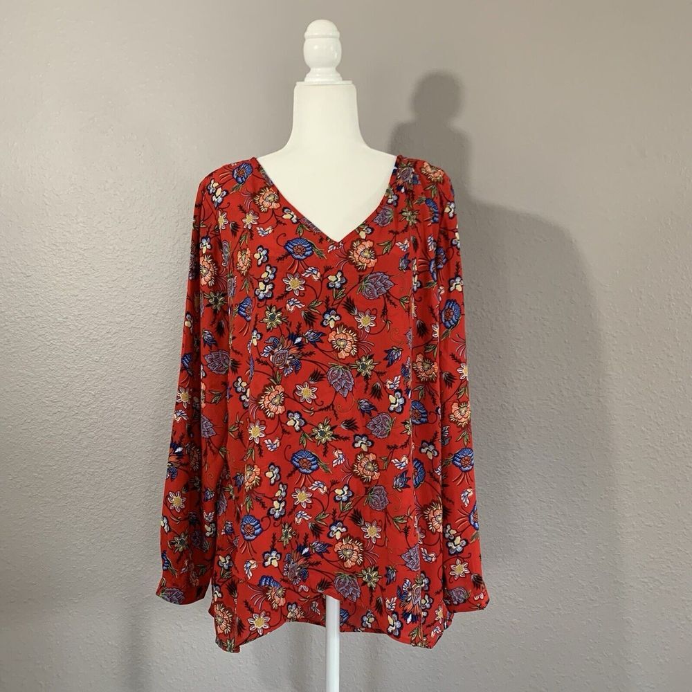 Chelsea & Theodore Red Floral Print V Neck Long Sleeve‎ Top Womens Size XXL NWT